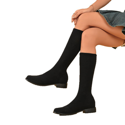 New Foreign Trade Spring and Autumn Elastic Slim Boots Mid-Calf Long Boots Women's Elastic Boots Chunky Heel Knit Sock Boots Slimming Versatile