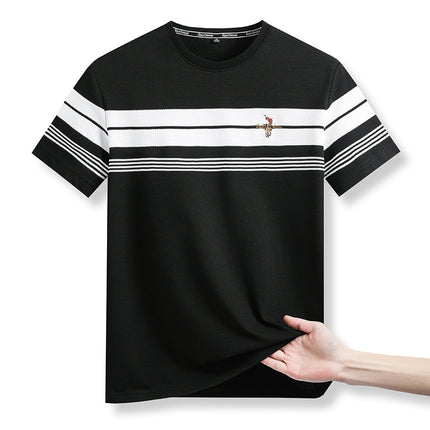 Mingdi Mouse Summer New Round Neck Striped Short-sleeved Young and Middle-aged Men's T-shirt Casual Embroidered Loose T-shirt Top