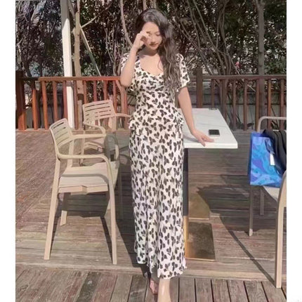 D@F Summer Floral Short-Sleeve Silhouette Fashion Slim-Fit Slit Tea Break Dress Long Skirt Artistic Retro Waist-Cinching Style