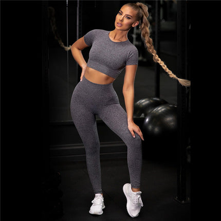 Seamless High Elastic Tight Yoga Suit suit Factory Women's Solid Color High Waist Sports suit Short Sleeve Pants Two Pieces Yoga