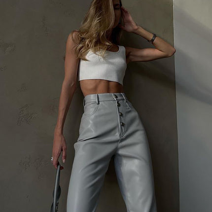 European and American Cross-Border New Products 2025 Autumn Women's Clothing Pu Leather Pure Color High Waist Straight Button Casual Leather Pants Women's Manufacturer Wholesale