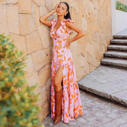2024 European and American Swimwear New V-neck Ruffled Seaside Holiday Printed One-piece Swimsuit suit Women's Cross-border 25084