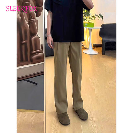 Summer Japanese-Style Loose Men's Stylish Trendy Breathable Solid Color Flared Trousers Retro Drape Casual Coffee Long Pants