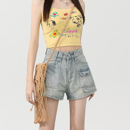 2025 Denim Shorts Women's Summer Loose Niche Design High-Waisted A-Line Workwear Multi-Flap Pocket Pants Women's Super Shorts