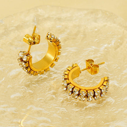 Cross-border new stainless steel C- shaped diamond earrings women's European and American Joker titanium steel 18K texture earrings in stock wholesale