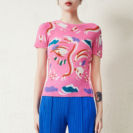 High-End Pleated Short-Sleeved Top for Women Summer Printed Slim-Fitting High-Elastic Tight-Fitting Large Size Garden Collar Accessible Luxury Miyake T-Shirt