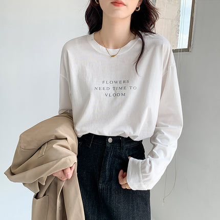 2023 new white long-sleeved T-shirt women's round neck autumn bottoming shirt inner loose plus size cotton top fashion