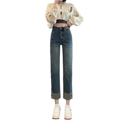 fleece-lined Thickened Cigarette Tube Jeans Women's Trendy All-match New High Waist Slim-fit Narrow Version Eight-and-Nine Straight Straight Bagel Pants