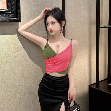 Hot girl style sexy women's mesh contrast color hollow low-cut sling dress night shop night club work clothes