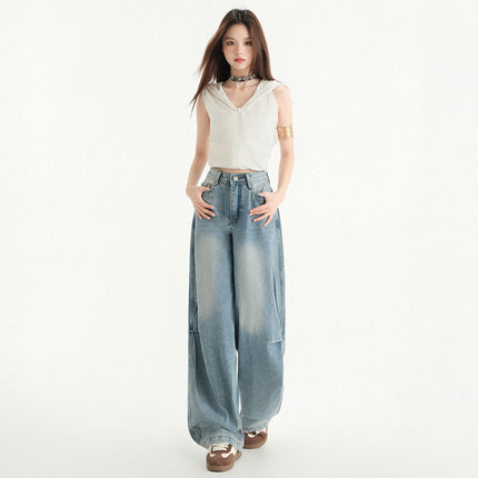 American Style High Waist Scimitar Wide Leg Jeans Women's 2025 Spring and Summer New Pleated Design Sense Loose Slimming Mop Pants