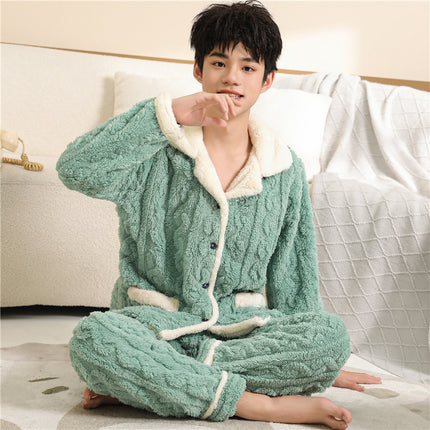 Autumn and Winter pajamas men's thickened fleece-lined warm coral fleece cartoon junior high school student home wear suit