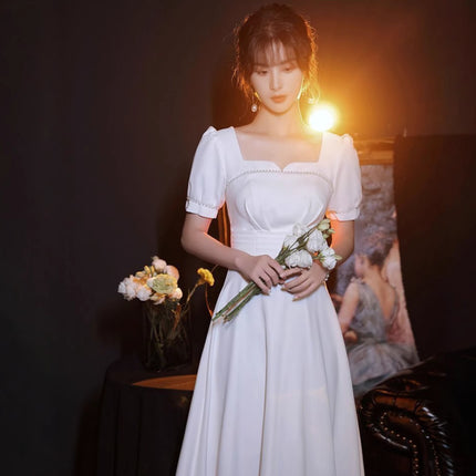 Registration Dress French Square Collar Dress White Dress Daily Wearing Engagement dress White Slim Dress