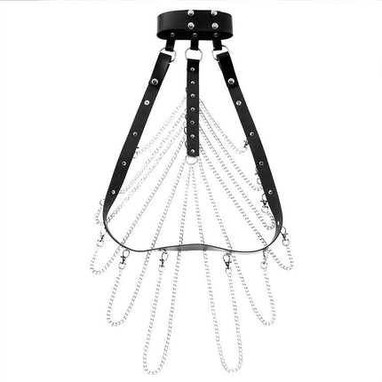 Amazon Hot Sale Sexy Metal Chain Body Chain Chest PU Leather Tie Bodice Tie Belt Clothes in stock