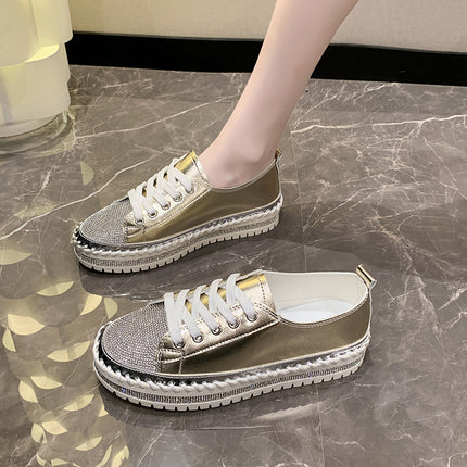 Internet Celebrity Rhinestone Fashion Large Size Single-layer Shoes Women's 2024 New Korean Style Lace-up Niche Design Casual Comfortable Sneakers