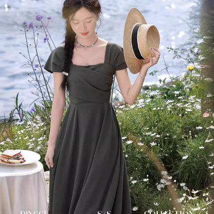 Summer New Style Gray-Green Slimming French Dress Women's Square Neck Waist Long Skirt Monet Garden