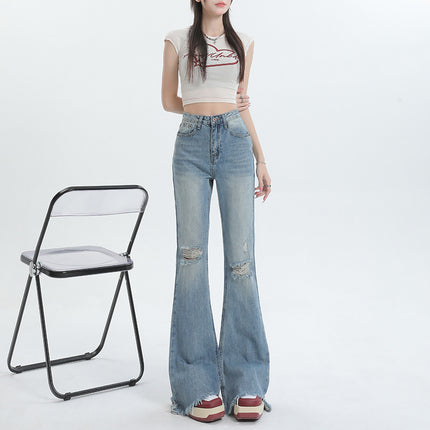 Ripped Flared Jeans for Women 2025 Summer New High-Waisted Frayed Design Distressed Floor-Length Bootcut Pants