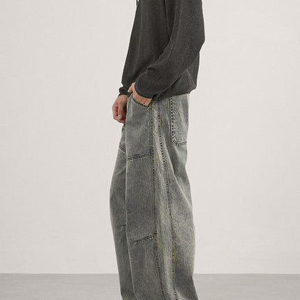 Lktm Men's Washed Vintage Deconstructed Slub Casual Pants Unisex Versatile Silhouette Slimming Floor-Length Trousers