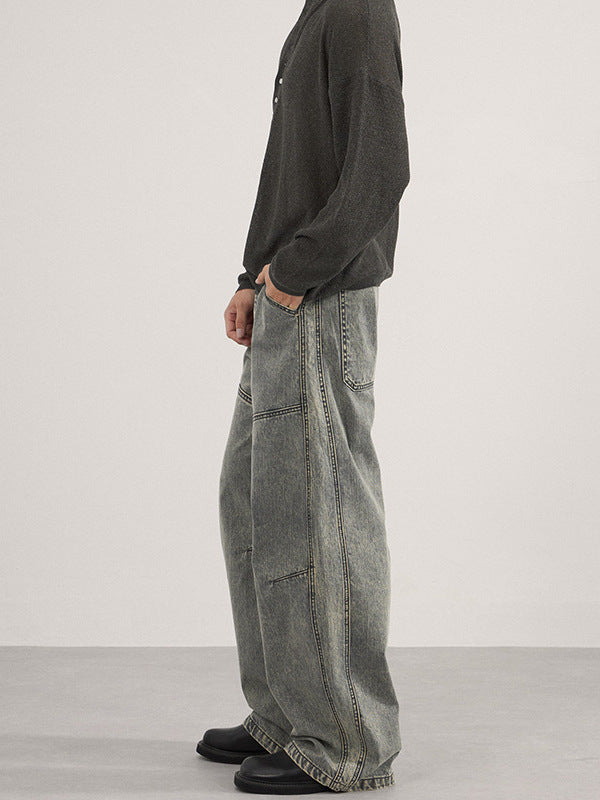 Lktm Men's Washed Vintage Deconstructed Slub Casual Pants Unisex Versatile Silhouette Slimming Floor-Length Trousers