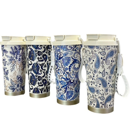Factory Blue and White Porcelain Stainless Steel Overlord Tea Queen Flower Language Series Coffee Cup Portable Double Drinking Cup with Good Appearance
