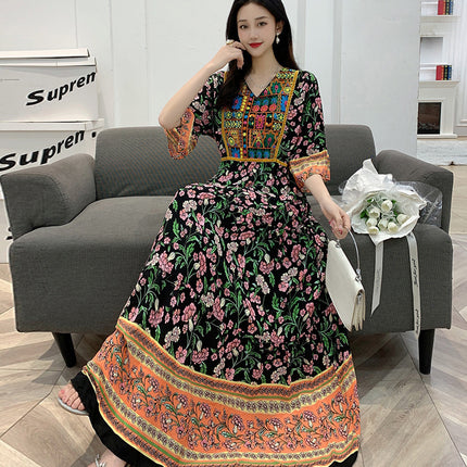 Amazon Cotton Silk Beach Dress Ethnic Style Large Swing Dress V-Neck Mid-Sleeve Dress Embroidered Vintage Floral Long Dress