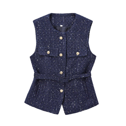 European and American 2024 New Autum Women's Retro Sleeveless Slim Fit with Belt Sequin Textured Vest 9298725