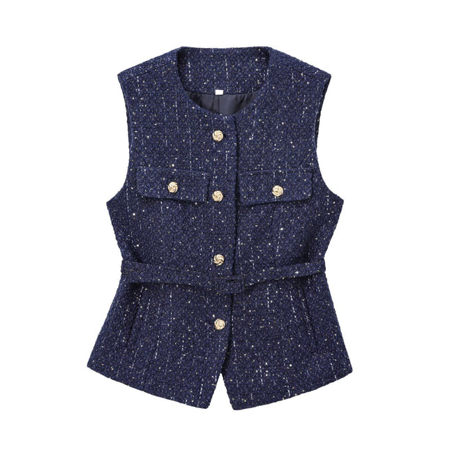 European and American 2024 New Autum Women's Retro Sleeveless Slim Fit with Belt Sequin Textured Vest 9298725