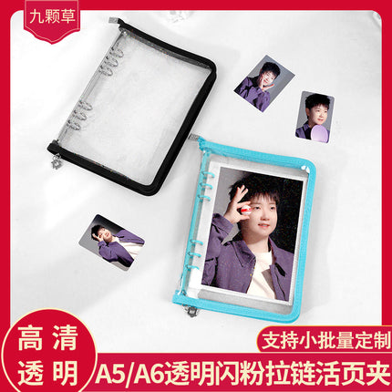Japanese A5 Transparent Loose-leaf Black Glitter Zipper 6-hole Notebook Ins Style Star Chaser Ledger PVC Case