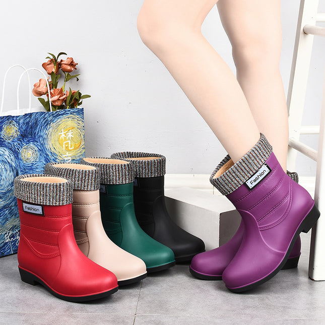 New fashion rain boots Women's Mid-calf warm rain boots non-slip water shoes work rubber shoes adult cotton-padded water boots overshoes