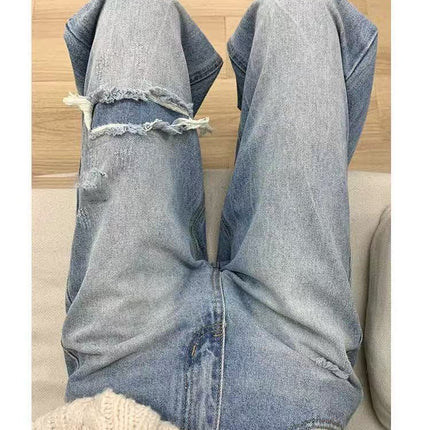 Cross-border Hot-selling American-style Ripped High Waist Wide Leg Jeans Women Spring and Summer New Straight Loose Slimming Mop Pants