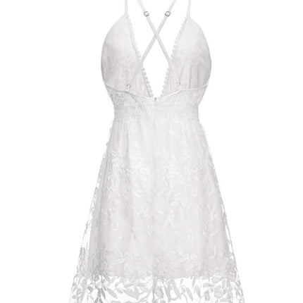 Cross-Border 2023 Summer New European and American Sexy Deep V Neck Backless Suspender Dress Amazon Lace Beach Dress