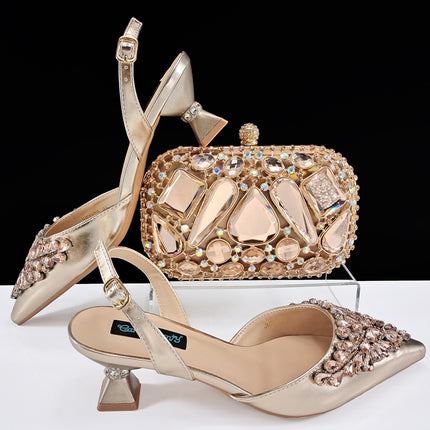 Queenyan Export Mirror Large Diamond Clutch and Women's High-Heeled Shoes Combination Set Elegant and Simple Banquet