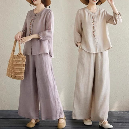 plus size Spring Dress Women's New Chinese Cotton and Linen suit Mother Western Style National Style Embroidered Top Fashion Casual Two-piece Set