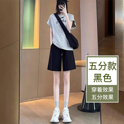 Women's Summer Loose Straight-Leg Sports Shorts, Hong Kong Style, Slimming, Casual, Trendy Ins Wide-Leg Mid-Length Gray Shorts, 5-Point Shorts