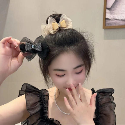 Light luxury high-grade bowknot ball head grip elegant rhinestone back head updo artifact high and low ponytail hair accessories
