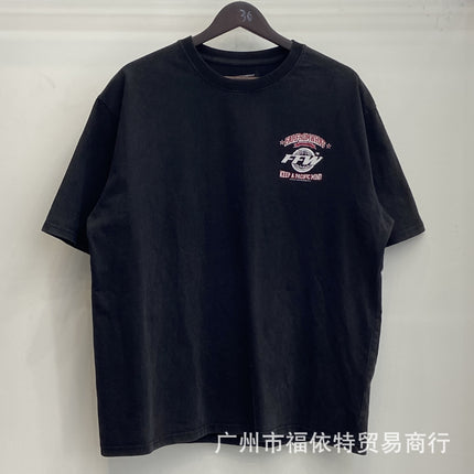 Cross-Border Far American Washed Distressed Short-Sleeved High Street Cross Lip Print Style Fashion Casual Loose Men's and Women's T-Shirts
