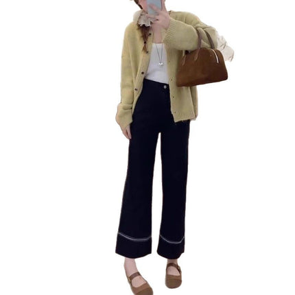 Stretch Black Straight Leg Jeans Women's Fashion All-match New Arrival plus size Loose Slimming Cropped Long Pants with Wide Legs