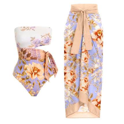 2024 European and American Amazon AliExpress one-piece swimsuit waist hollow strap flower printed swimsuit suit 2353