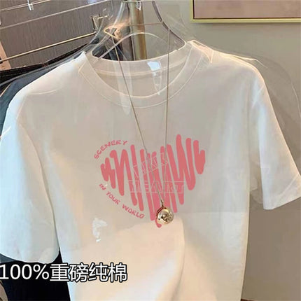 2024 New Shoulder Printed Cotton Short-sleeved Men's and Women's T-shirt Fashionable All-match Slimming White Top Base Shirt