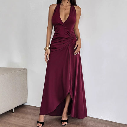 AD328 European and American Cross-border Spring and Summer New Women's Backless Deep V Split Neck Pleated Sexy Dress dress