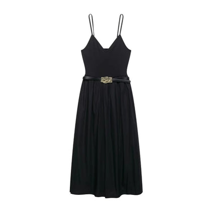 Za Export Women's Clothing 2025 New Summer Style French High-End Elegant Waist with Belt Sleeveless Black Dress