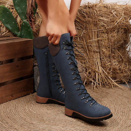 Cross-Tied Boots 2025 Export Autum New European and American Style Patent Leather Round Toe Thick Heel Medium Heel Knight Boots Women's Boots