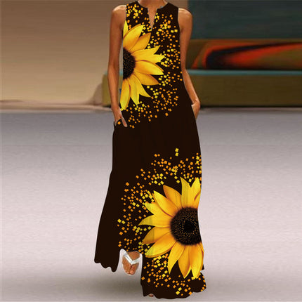 2022 New European and American Cross-border Independent Station Women's Sleeveless Long Dress V-neck Rose Flower Vintage Printed dress