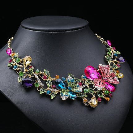 2022 New Color Flower European and American Necklace suit Women's Light Luxury Showy Bride Necklace Painted Oil Gem Clavicle Chain