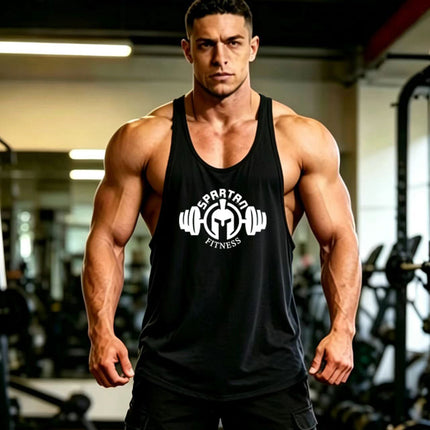 Summer Men's Vest Thin Strap Sports European and American Bodybuilding Fitness T-shirt Printed logo Waistle I-Shoulder Loose Men