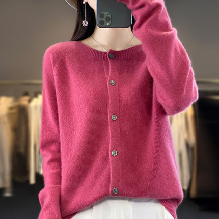 Round neck first-line clothing pure wool sweater cardigan coat women's osmanthus needle knitted bottoming shirt long sleeve solid color top