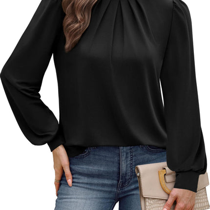 European and American Amazon Cross-Border Autumn and Winter New Long-Sleeved Shirt Small Stand-Up Collar Pleated Front Shirt Casual T-Shirt Top for Women