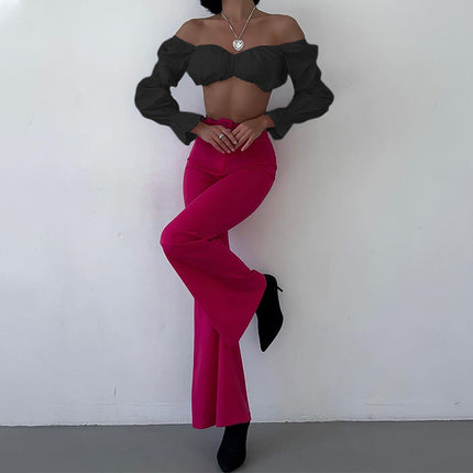 Fd1297 2024 Spring New Cross-Border Women's Pure Color Puff Long-Sleeved Sexy Slim Short Crop Top