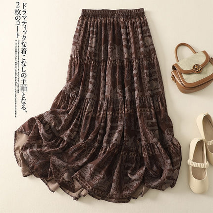 Real Shot of 2025 Summer New Products, Loose, Artistic, Ethnic Style, Floral Elastic Waist Cake Skirt, Casual and Versatile