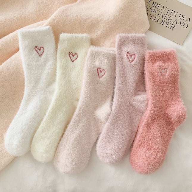 Socks women's mid-tube socks autumn and winter thickened love mink velvet embroidery sleep floor socks winter warm stockings