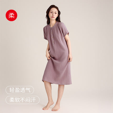 Spring and Summer Short-sleeved Nightgown Double-layer Crepe Pullover Women's Simple Long dress Cotton Thin Outwear